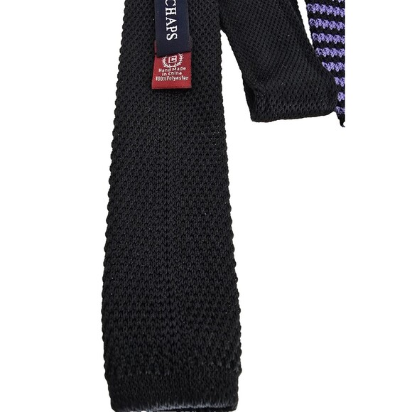 Chaps Knit Skinny Tie Black Purple Striped Mens Handmade Neckwear Square Tip - Picture 5 of 12